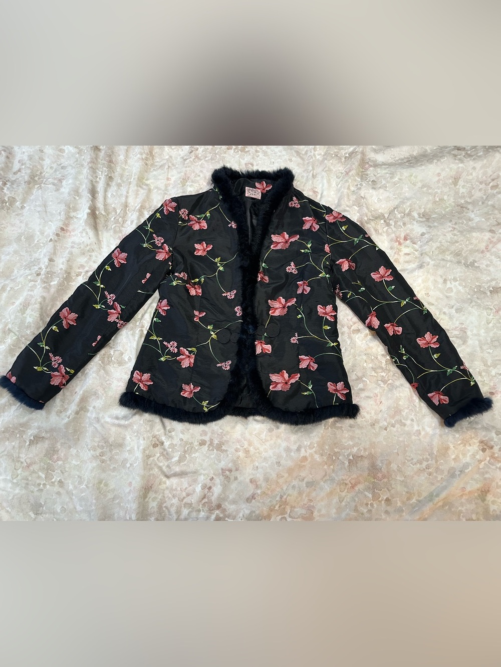 Floral Embroidered Black Jacket with Faux Fur Trim
